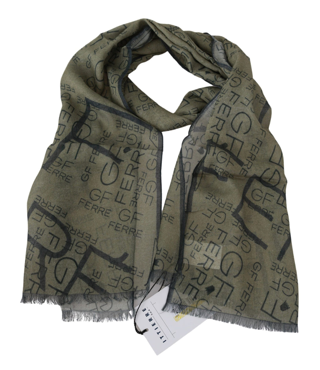 GF Ferre Green Wool Viscose Foulard Patterned Branded Scarf
