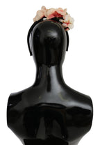 Dolce & Gabbana Pink Silk Black Floral Headband Logo Diadem