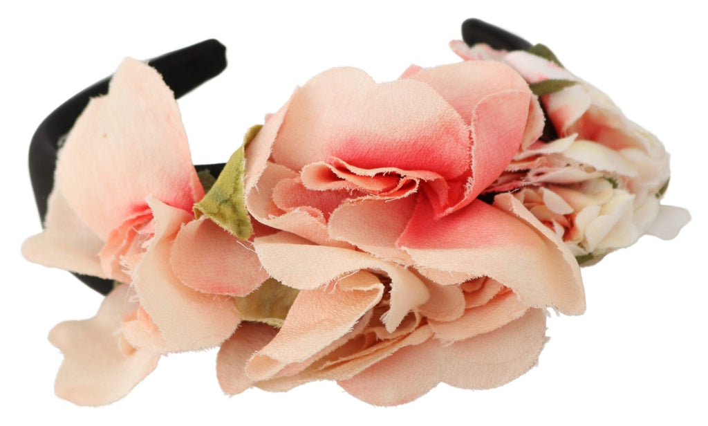 Dolce & Gabbana Pink Silk Black Floral Headband Logo Diadem
