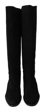 Dolce & Gabbana Black Suede Knee High Flat Boots Shoes