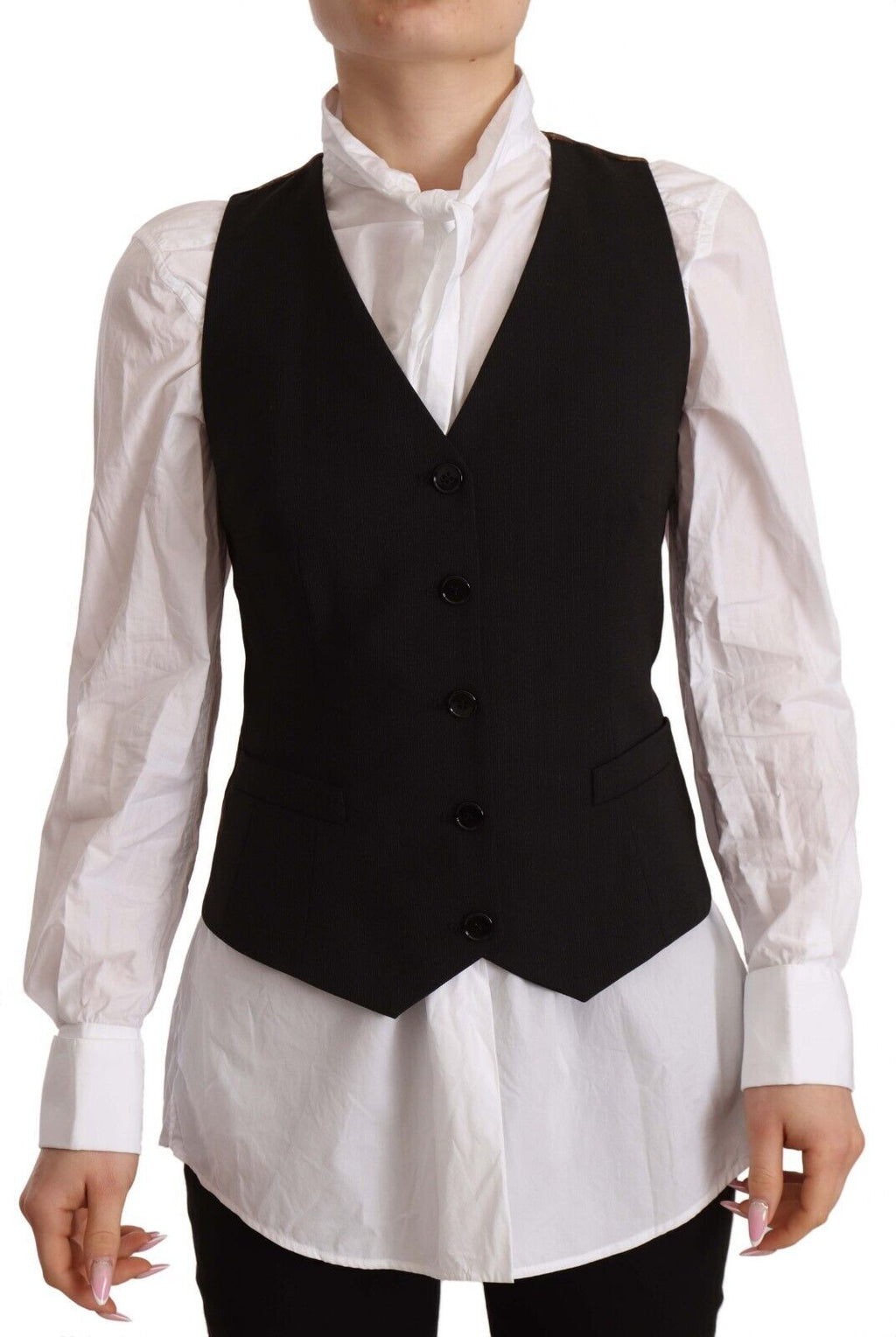Dolce & Gabbana Black Button Down Sleeveless Vest Polyester Top