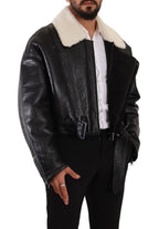 Dolce & Gabbana Black Leather Shearling Biker Coat Jacket