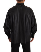 Dolce & Gabbana Black Leather Button Down Men Collared Jacket