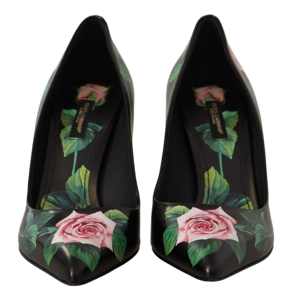 Dolce & Gabbana Black Leather Roses High Heels Pumps Shoes
