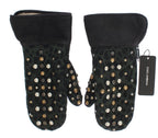 Dolce & Gabbana Gray Wool Shearling Studded Green Leopard Gloves