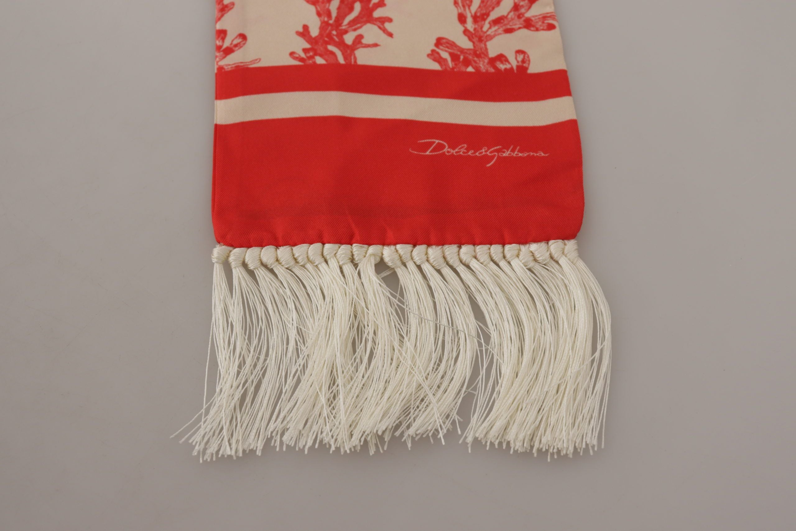 Dolce & Gabbana White Red Coral Print Shawl Wrap Fringe Scarf