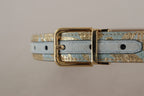 Dolce & Gabbana Blue Leather Jacquard Embossed Gold Metal Buckle Belt