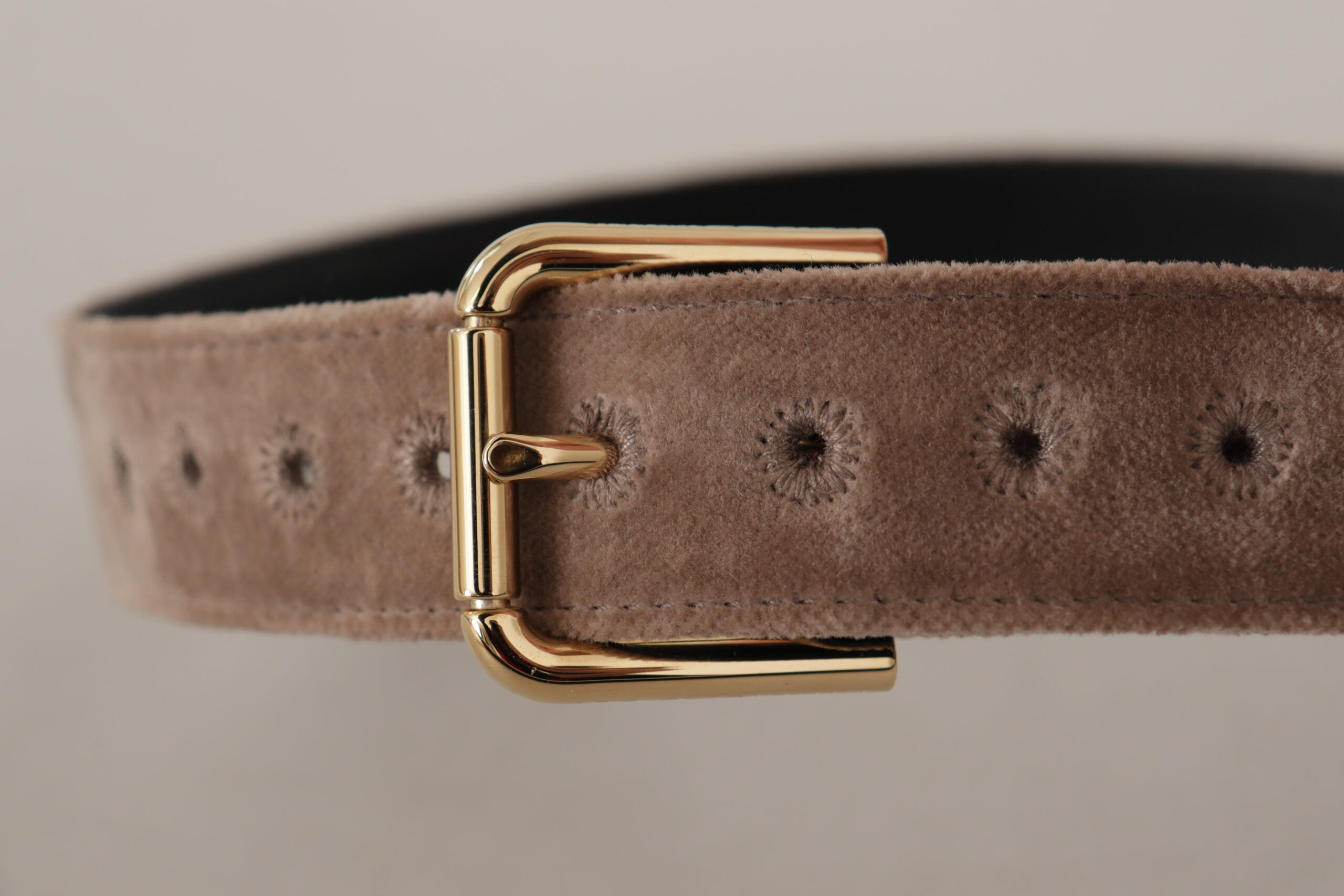 Dolce & Gabbana Light Brown Velvet Gold Tone Logo Metal Buckle Belt