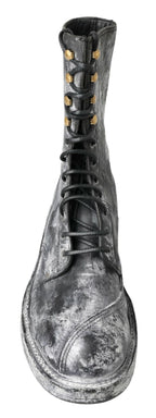 Dolce & Gabbana Black Gray Leather Mid Calf Boots Shoes