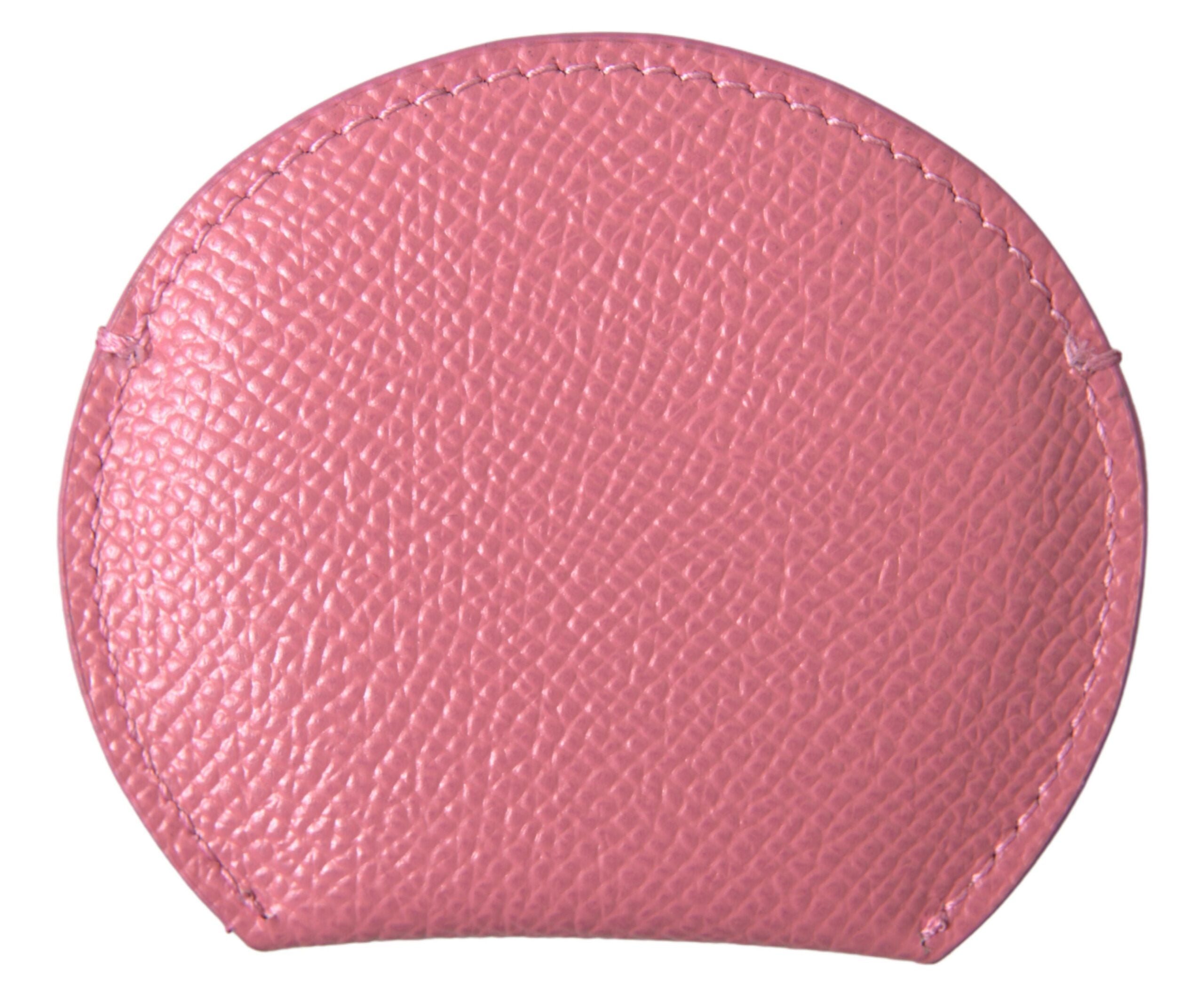 Dolce & Gabbana Pink Calfskin Leather Round Logo Print Hand Mirror Holder