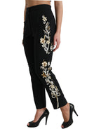 Dolce & Gabbana Black Floral Applique High Waist Tapered Pants