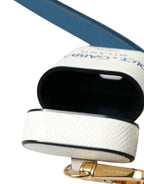 Dolce & Gabbana White Blue Calf Leather Logo Print Strap Airpods Case