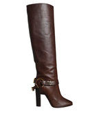 Dolce & Gabbana Brown Leather Gold Tone Logo High Boots Shoes