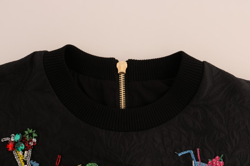 Dolce & Gabbana Black Brocade Cocktail Crystal Sweater