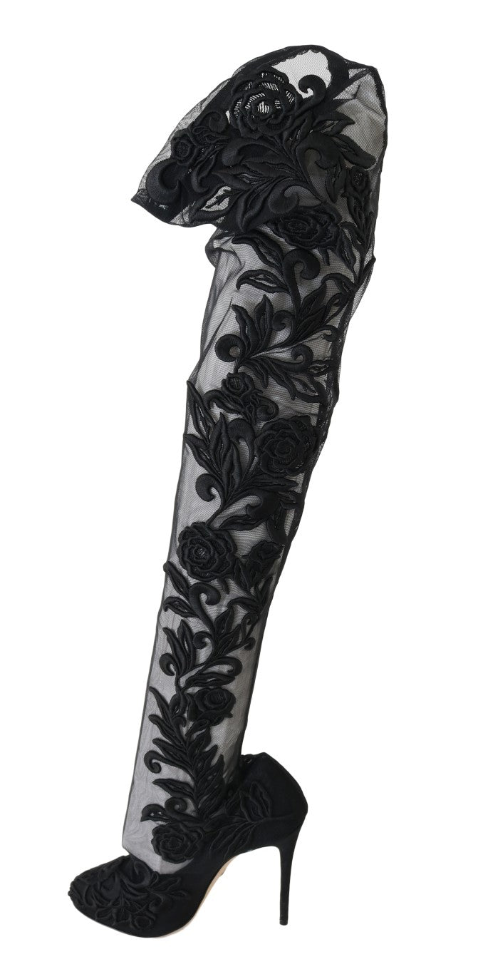 Dolce & Gabbana Black Floral Embroidered Socks Boots