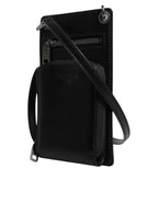 Dolce & Gabbana Black Horse Leather Zip Logo Shoulder Neck Strap Wallet