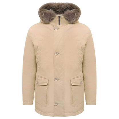 Herno Beige Nylon Men Jacket with Fur-Trimmed Hood