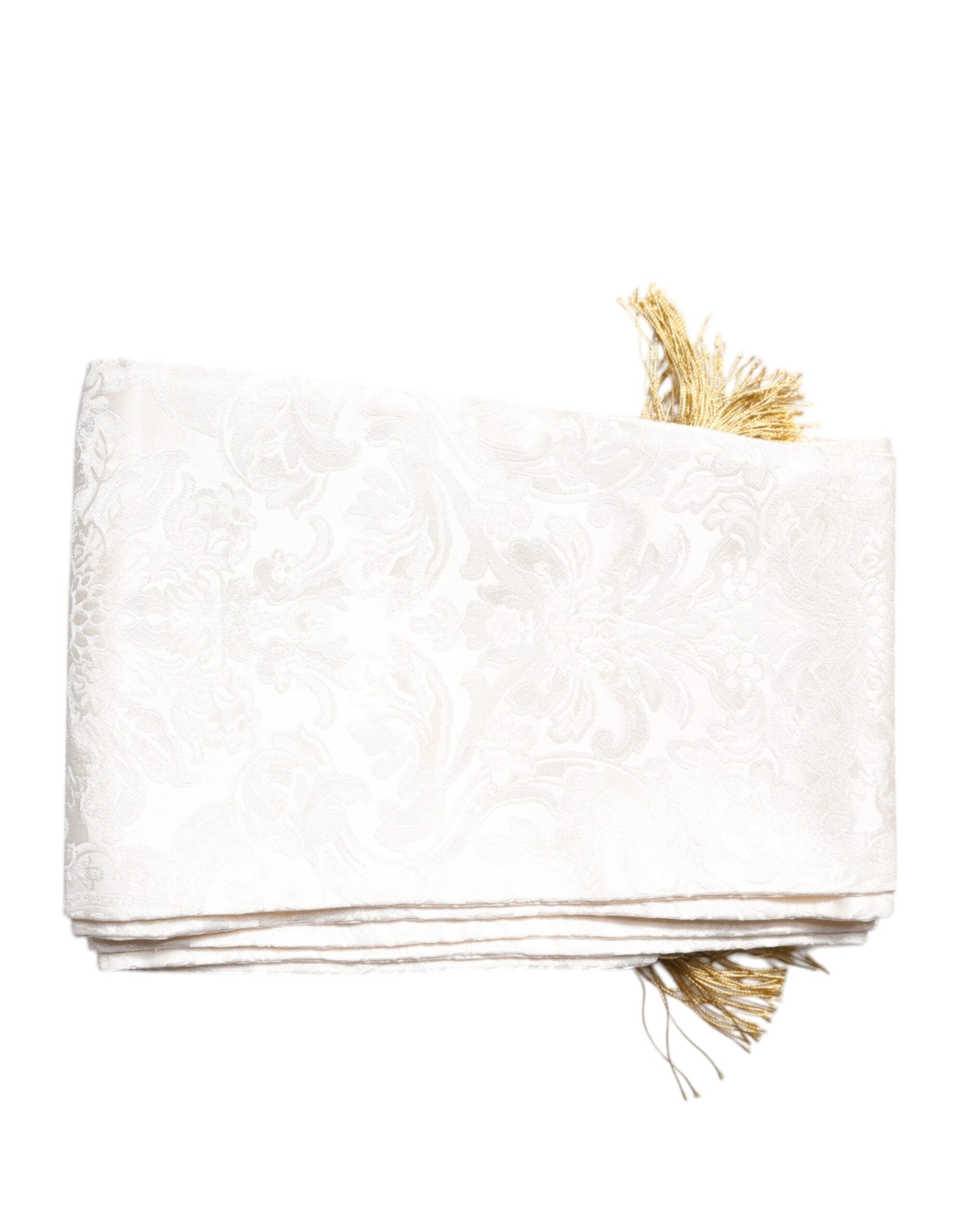 Dolce & Gabbana White Floral Jacquard Skinny Fringes Scarf