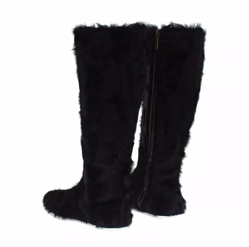 Dolce & Gabbana Black Xiangao Lamb Fur Leather Boots Shoes