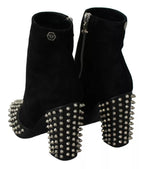 Philipp Plein Black Suede Studded Heels Ankle Boots Shoes
