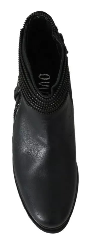 Ovyé Black Leather Zipper Ankle Boots Shoes