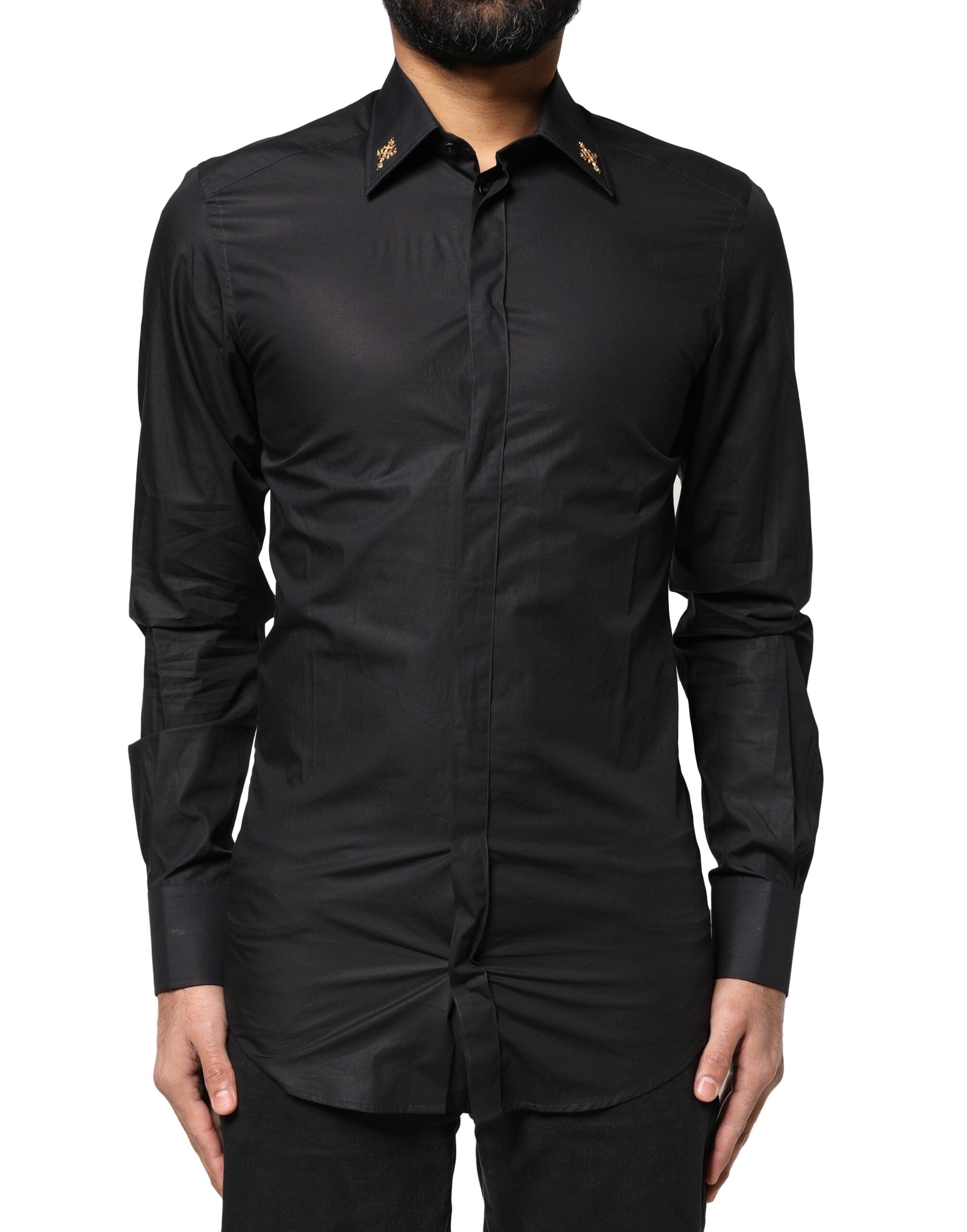 Dolce & Gabbana Black GOLD Cross Embellished Men Dress Shirt