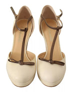 SERGIO LEVANTESI Beige T-Strap Block Heels Pumps Leather Shoes