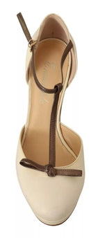 SERGIO LEVANTESI Beige T-Strap Block Heels Pumps Leather Shoes