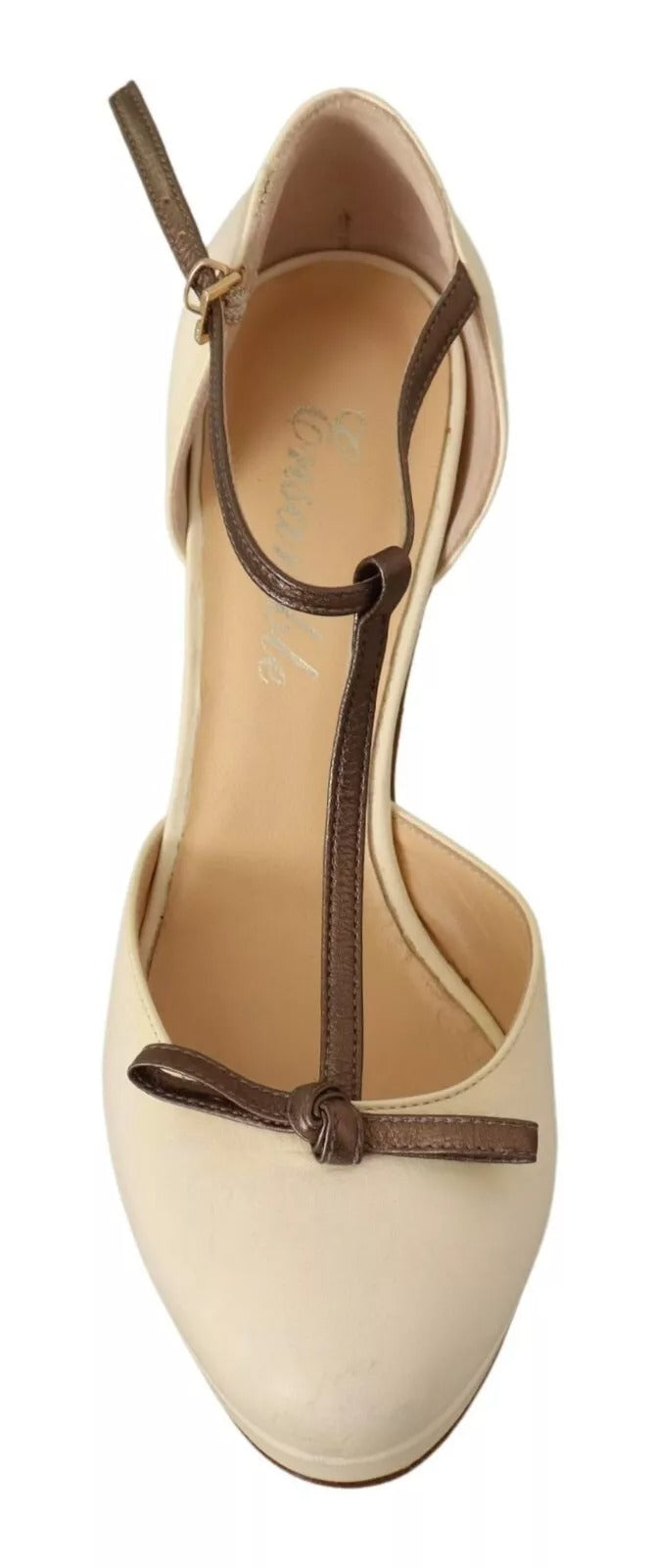 SERGIO LEVANTESI Beige T-Strap Block Heels Pumps Leather Shoes