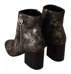 MY TWIN Black Leather Block Heels Ankle Boots Zipper Shoes