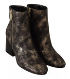 MY TWIN Black Leather Block Heels Ankle Boots Zipper Shoes