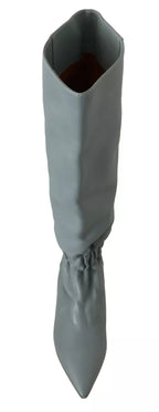 Valentino Blue Leather Elastic Flats Pull On Knee High Boots Shoes