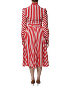 Dolce & Gabbana White Red Stripes Long Sleeves Midi Dress
