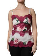Dolce & Gabbana White Rose Print Satin Lace Tank Top Lingerie