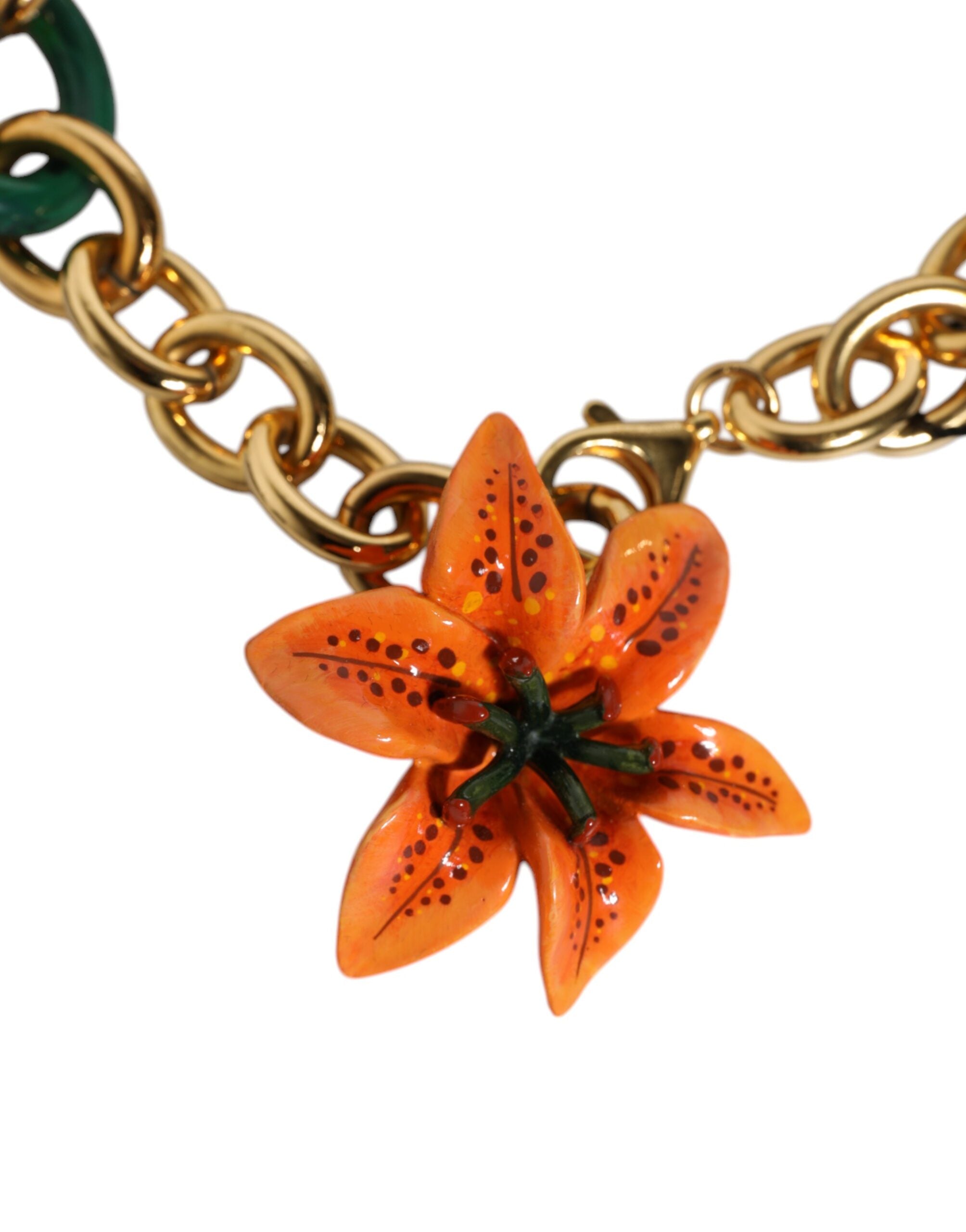 Dolce & Gabbana Multicolor Gold Brass Orange Lily Floral Chain Necklace