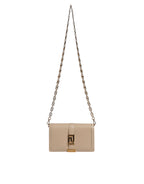 Versace Beige Gold Chain Calf Leather Wallet Crossbody Bag