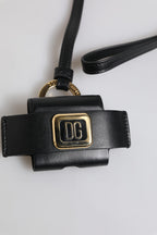 Dolce & Gabbana Black Leather Strap Gold Metal Logo Plaque Airpods Case