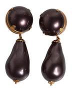 Dolce & Gabbana Gold Brass Black Pearl Clip On Dangling Jewelry Earrings