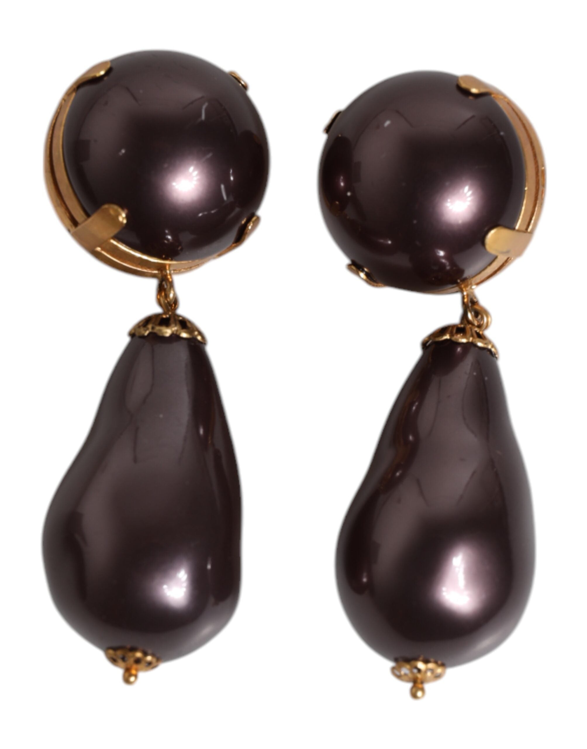 Dolce & Gabbana Gold Brass Black Pearl Clip On Dangling Jewelry Earrings