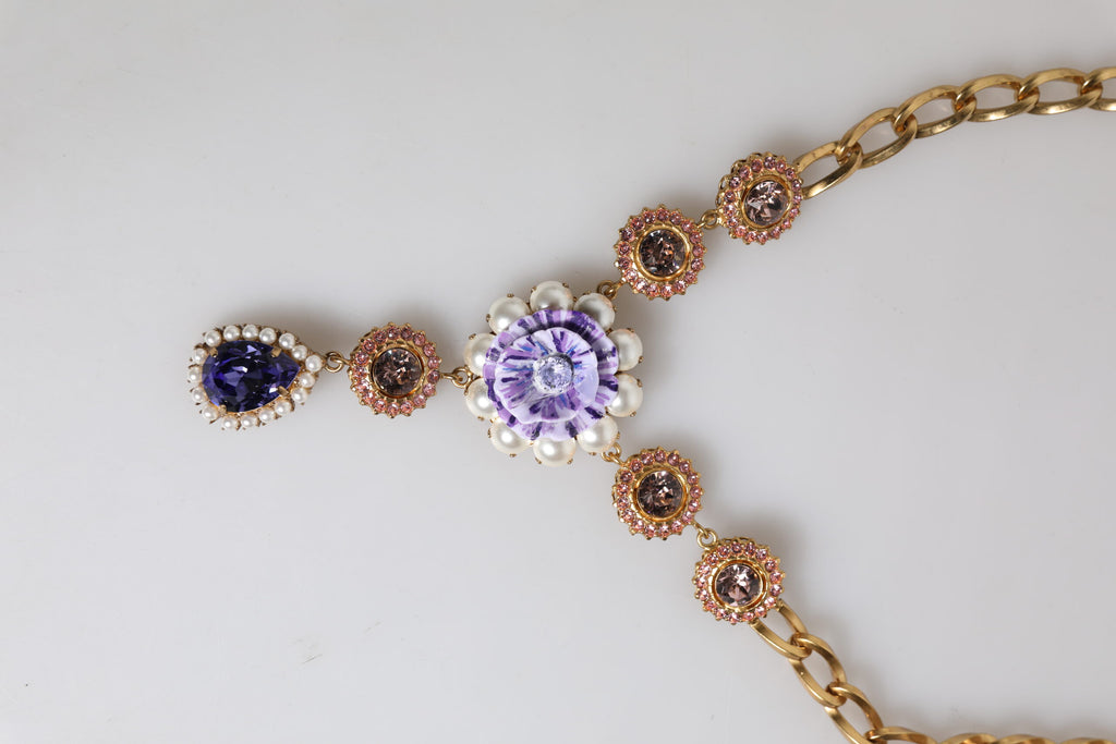 Dolce & Gabbana Gold Brass Floral Crystals Pearl Embellished Necklace
