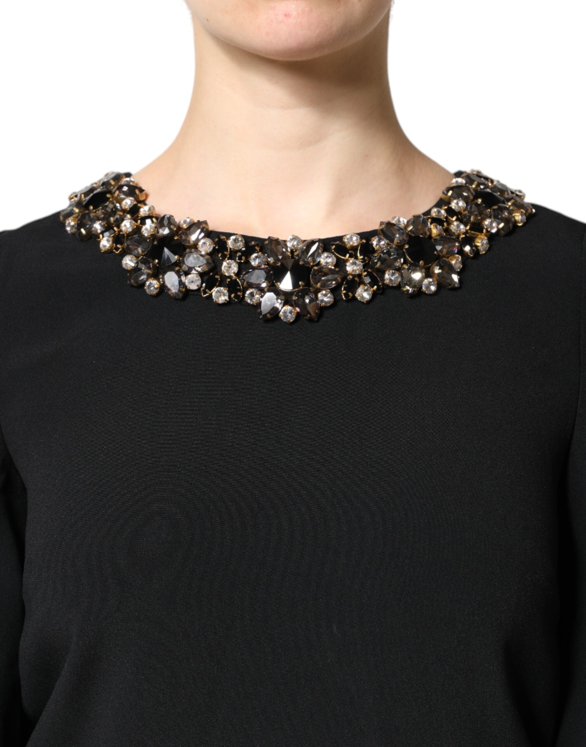 Dolce & Gabbana Black Crystal Embellished Round Neck Mini Dress