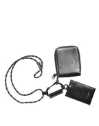 Dolce & Gabbana Black Leather Lanyard Zip Around Card Holder Wallet