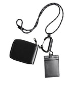 Dolce & Gabbana Black Leather Lanyard Zip Around Card Holder Wallet
