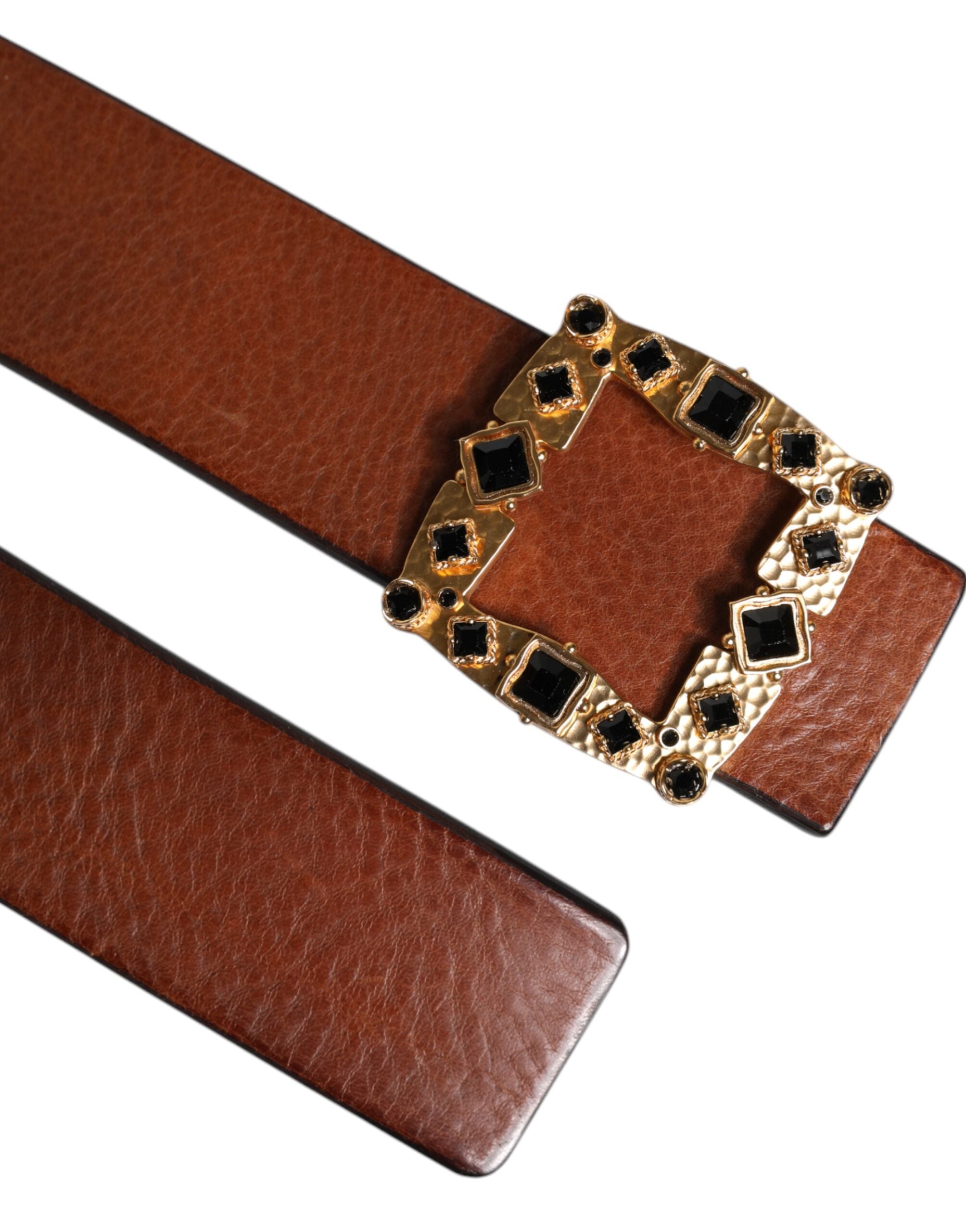 Dolce & Gabbana Brown Leather Gold Crystal Buckle Belt