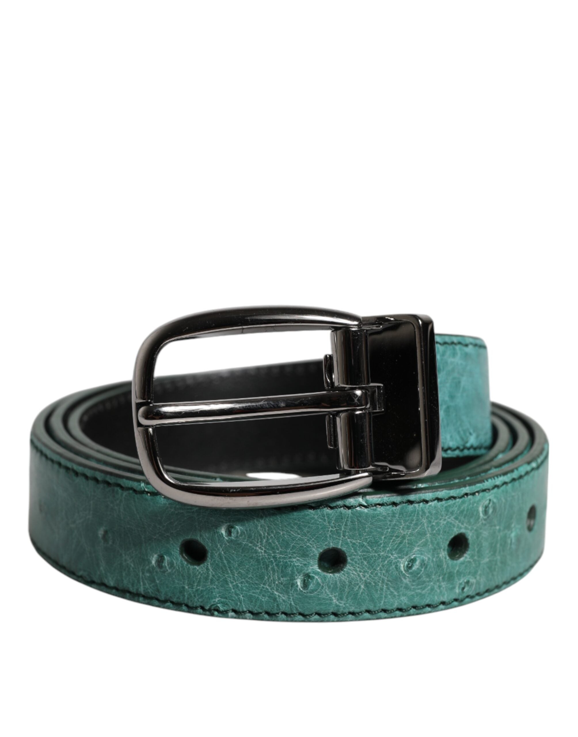 Dolce & Gabbana Green Ostrich Leather Silver Metal Buckle Belt