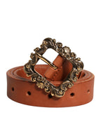 Dolce & Gabbana Brown Leather Gold Metal Baroque Buckle Belt