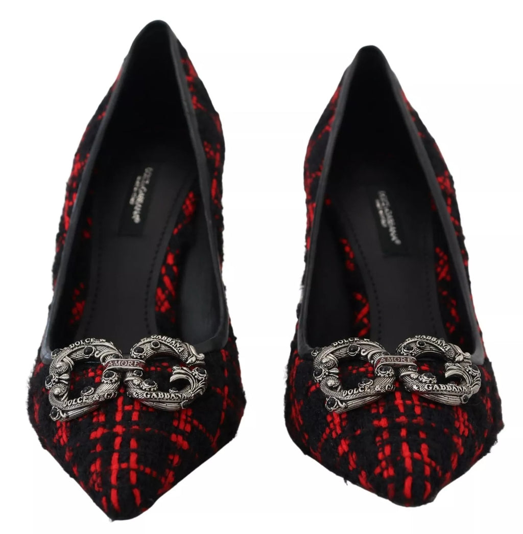 Dolce & Gabbana Red Black Tweed DG Amore Heels Pumps Shoes