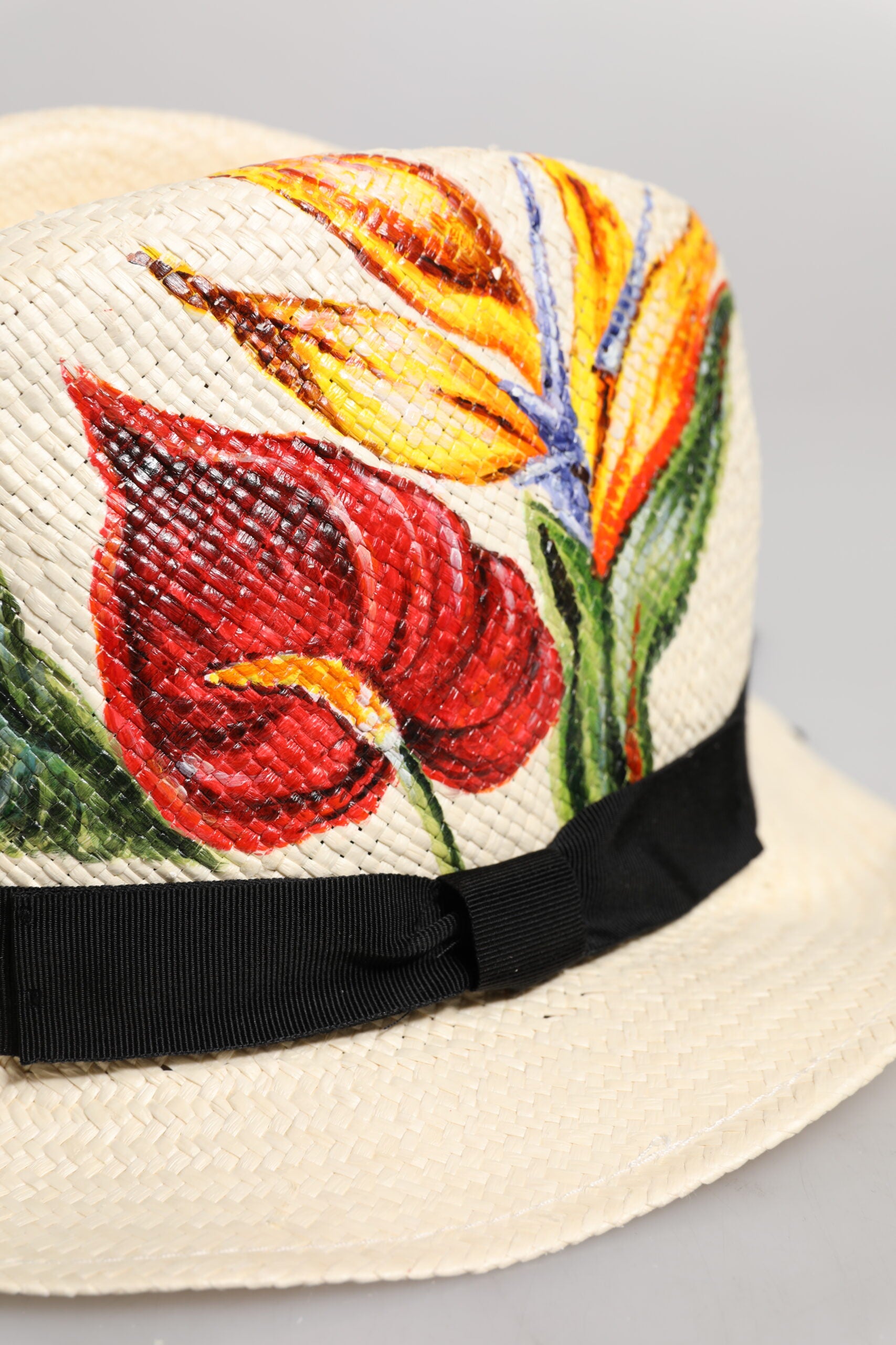 Dolce & Gabbana Beige Floral Print Straw Wide Brim Fedora Hat