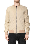 Dolce & Gabbana Beige Lambskin Full Zip Men Bomber Jacket