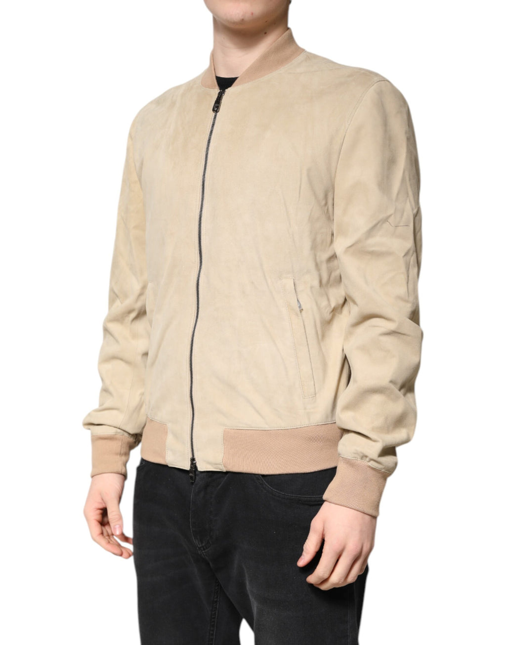 Dolce & Gabbana Beige Lambskin Full Zip Men Bomber Jacket